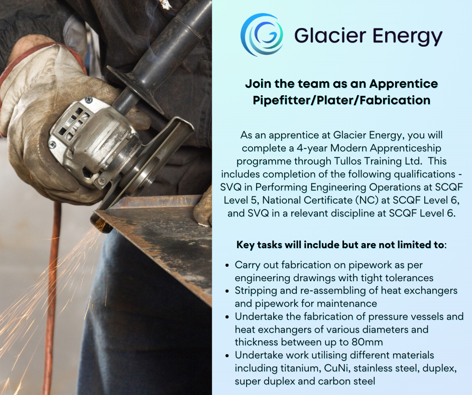 Image includes details about Glacier Energy and their 2024 Modern Apprenticeship vacancies.