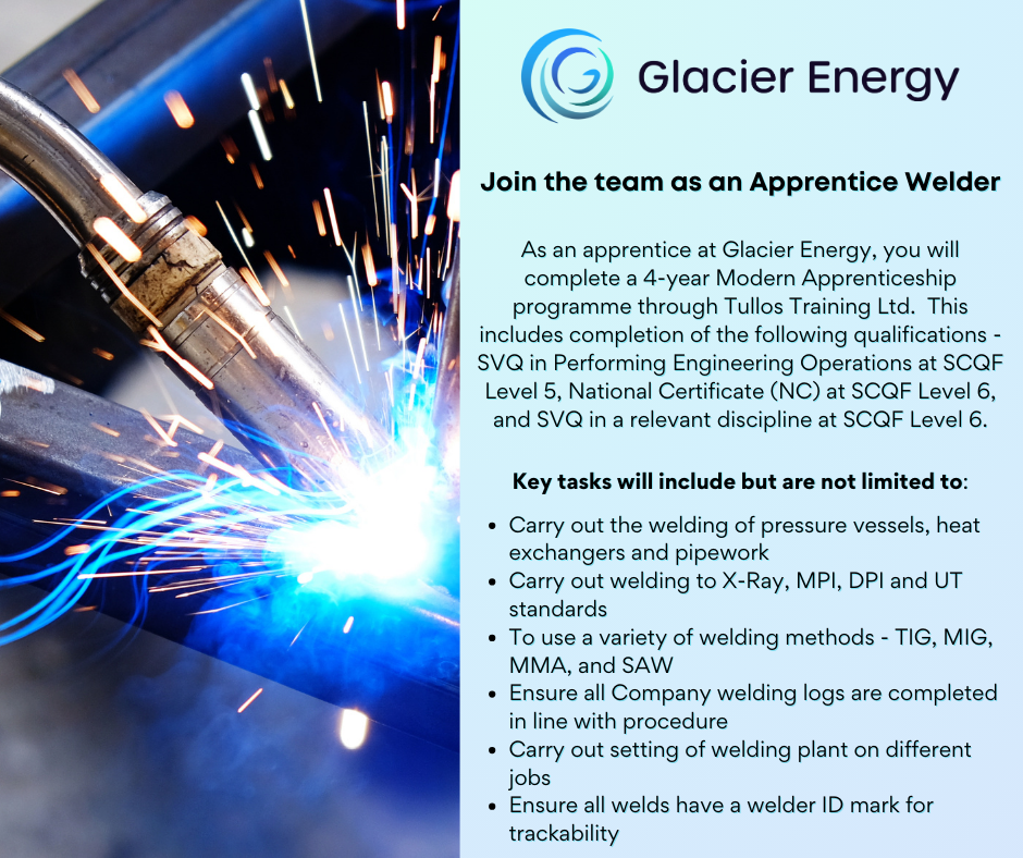 Image includes details about Glacier Energy and their 2024 Modern Apprenticeship vacancies.