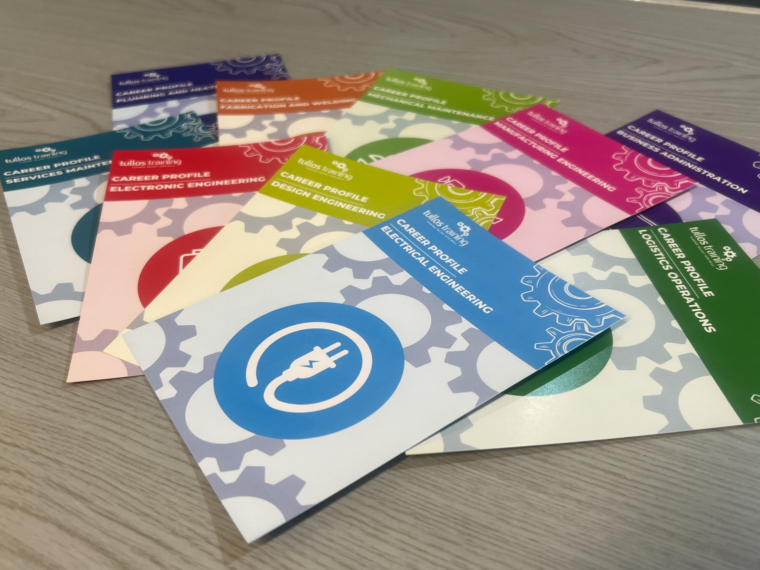 Colourful information leaflets used to share information on the Modern Apprenticeship programmes offered at Tullos Training.